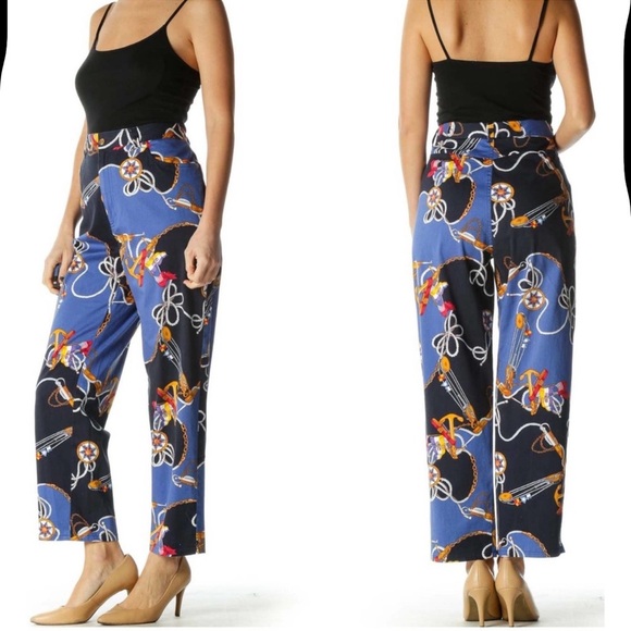 Ralph Lauren | Vintage 90's | Women's Blue & Black Nautical Print Pants | Size 6 - Picture 1 of 4